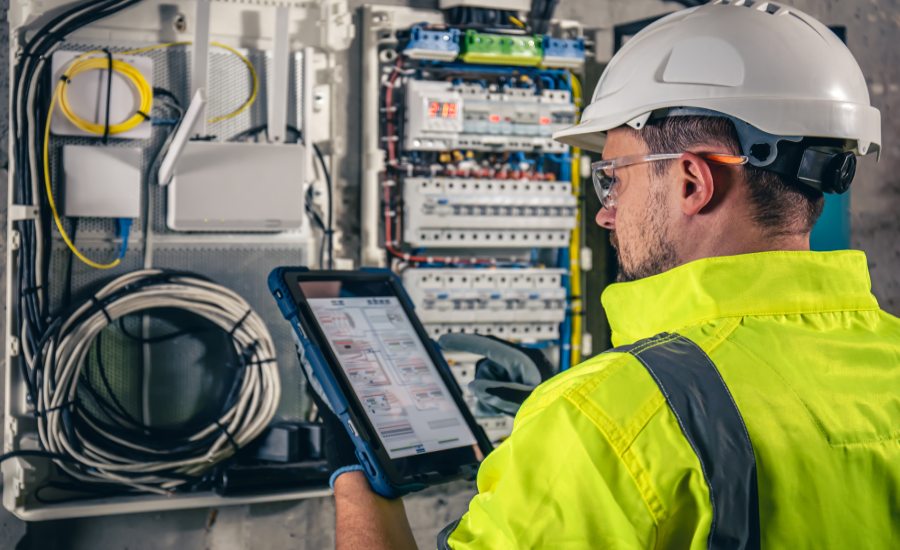 Maintenance-Electrician looking at circuit breaker and wires